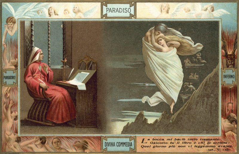 Kuvitus Danten teokseen "Jumalainen komedia" (värilitografia). tekijältä Italian School