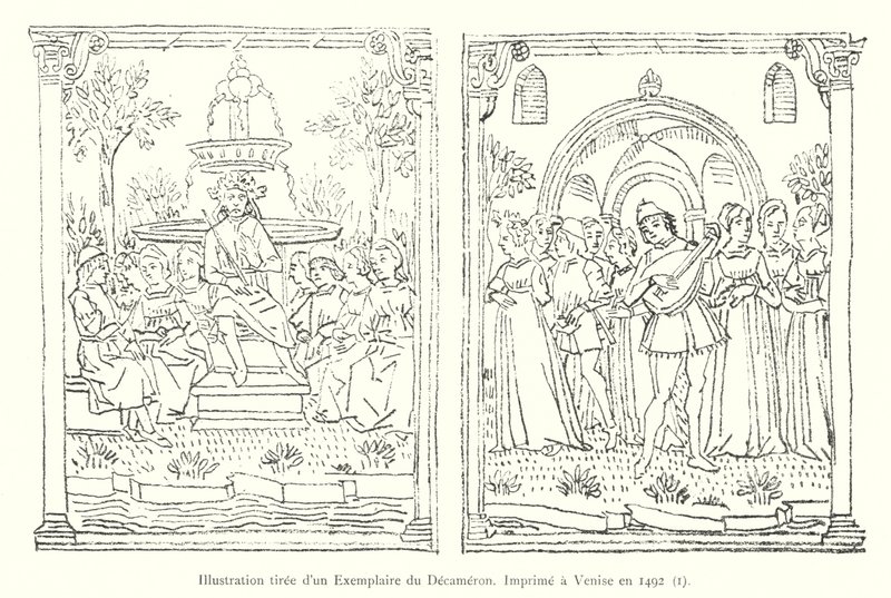 Kuva Dekameronin kopiosta, painettu Venetsiassa vuonna 1492, I (kaiverrus) tekijältä Italian School