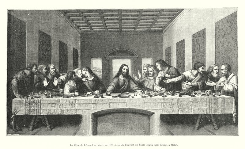 Leonardo da Vincin viimeinen ehtoollinen Santa Maria delle Grazien luostarin ruokasalissa Milanossa (kaiverrus) tekijältä Italian School