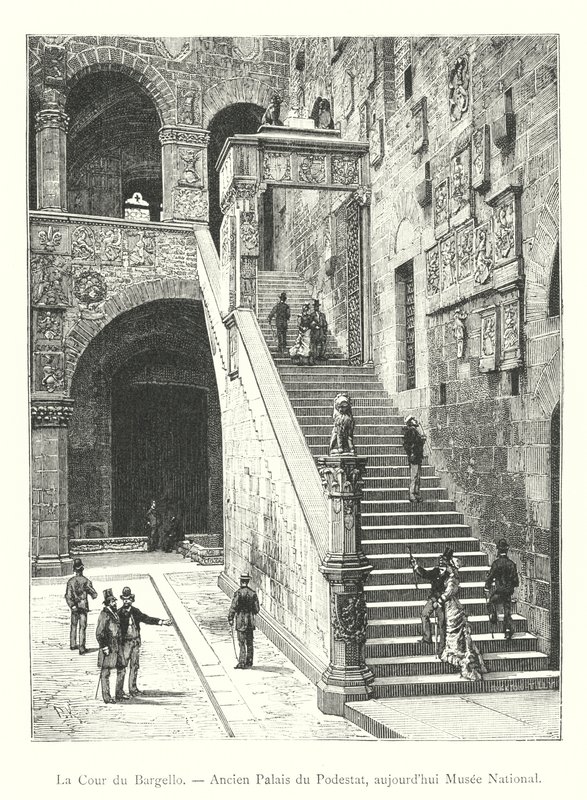 Bargellon tuomioistuin, entinen Podestàn palatsi, nykyään kansallismuseo (kaiverrus) tekijältä Italian School