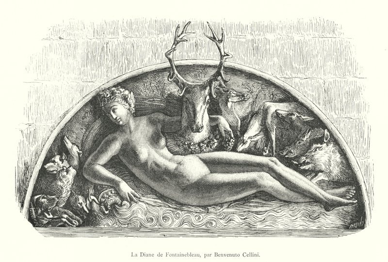 Diana of Fontainebleau, kirjoittanut Benvenuto Cellini (kaiverrus) tekijältä Italian School