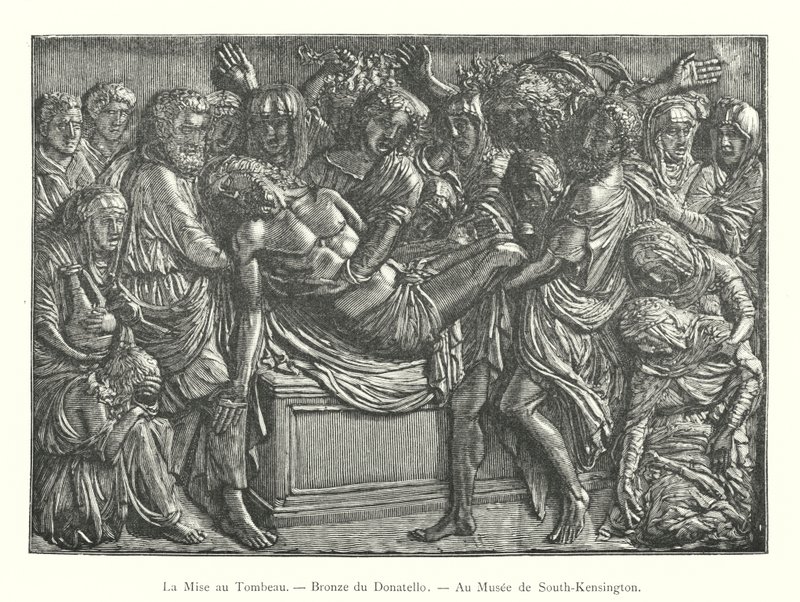 The Tombment, Donatellon pronssi, South-Kensingtonin museossa (kaiverrus) tekijältä Italian School