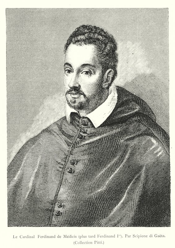 Le Cardinal Ferdinand de Medicis, myöhemmin Ferdinand I, Par Scipione di Gaeta, Pitti-kokoelma (kaiverrus) tekijältä Italian School