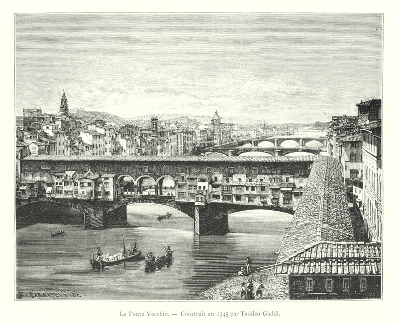 Le Ponte Vecchio, Construit en 1345 par Taddeo Gaddi (kaiverrus) tekijältä Italian School