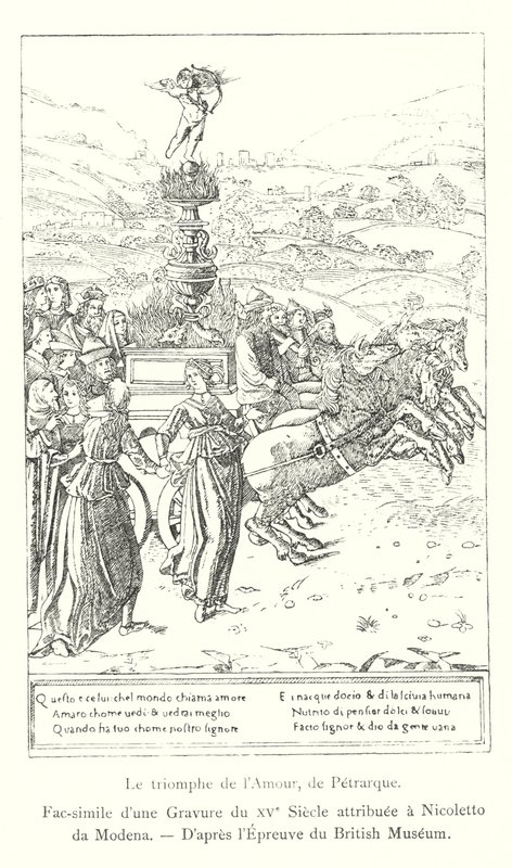Rakkauden voitto, Petrarch, faksimile Nicoletto da Modenalle annetusta 1400-luvun kaiverruksesta, British Museum Printin jälkeen (kaiverrus) tekijältä Italian School