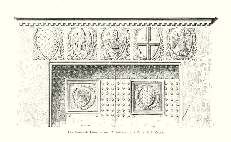 Firenzen käsivarret Porte de la Zeccan arkkitehtuurissa (kaiverrus) tekijältä Italian School
