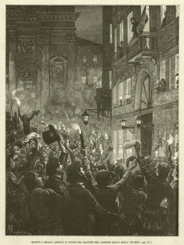 Mazzini Milanossa, Hays the People Albergo Della Bella Venezian parvekkeelta (kaiverrus) tekijältä Italian School