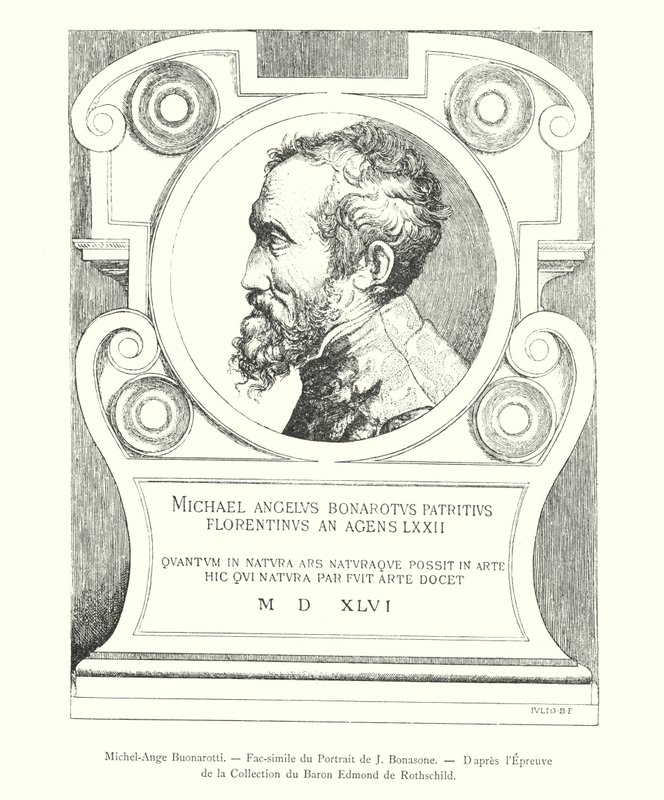 Michel-Ange Buonarotti, faksimile J Bonasonen muotokuvasta, Todistuksen jälkeen Baron Edmond de Rothschildin kokoelmasta (kaiverrus) tekijältä Italian School
