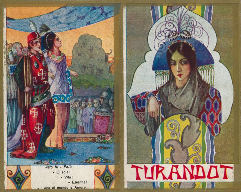 Yksi Puccinin oopperan Turandot kuvitussarjasta (värilitografia). tekijältä Italian School