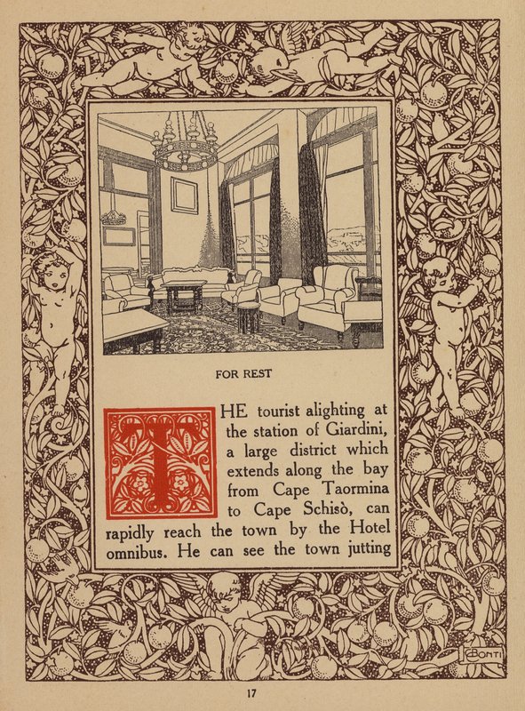Sivu Taorminan San Domenico Palace -hotellin esitteestä (litografia). tekijältä Italian School