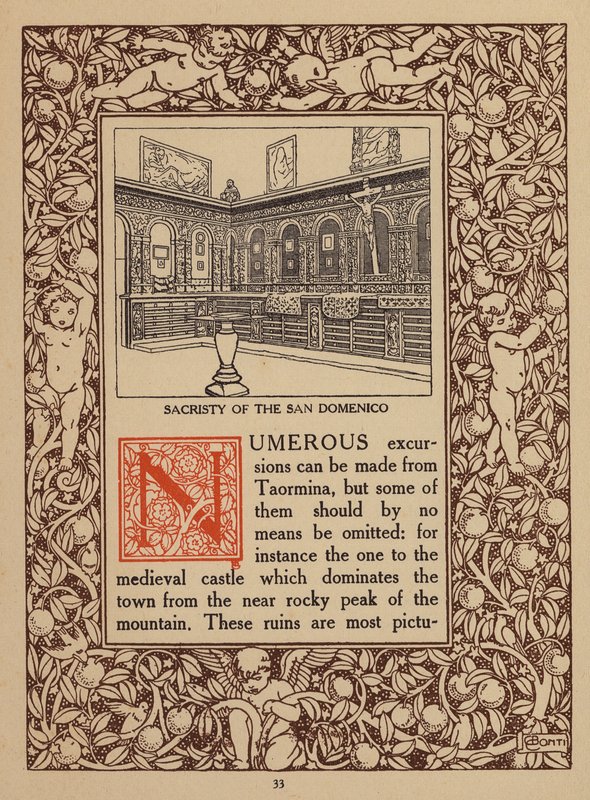 Sivu Taorminan San Domenico Palace -hotellin esitteestä (litografia). tekijältä Italian School