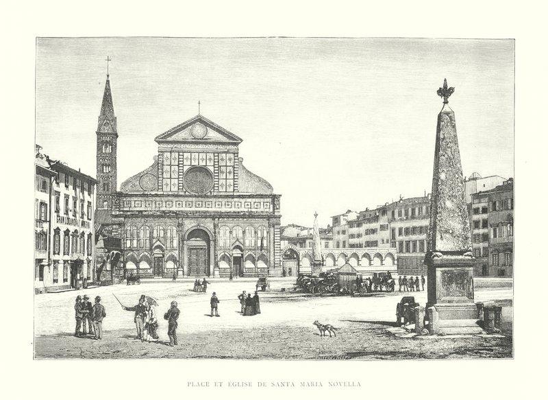 Santa Maria Novellan aukio ja kirkko (kaiverrus) tekijältä Italian School
