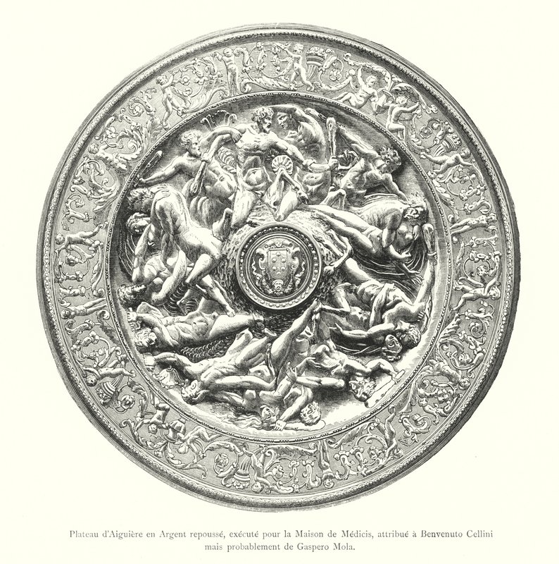 Ewer-tarjotin karkotettua hopeaa, teloitettu Medici-talolle, Benvenuto Cellinin, mutta luultavasti Gaspero Molan (kaiverrus) tekijältä Italian School