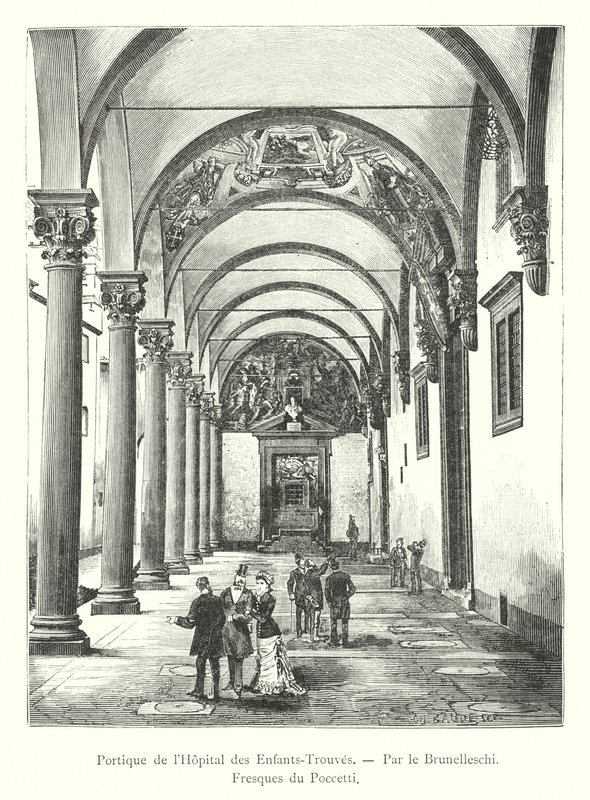 Foundlingin sairaalan portico, kirjoittanut Brunelleschi, freskot Poccetti (kaiverrus) tekijältä Italian School