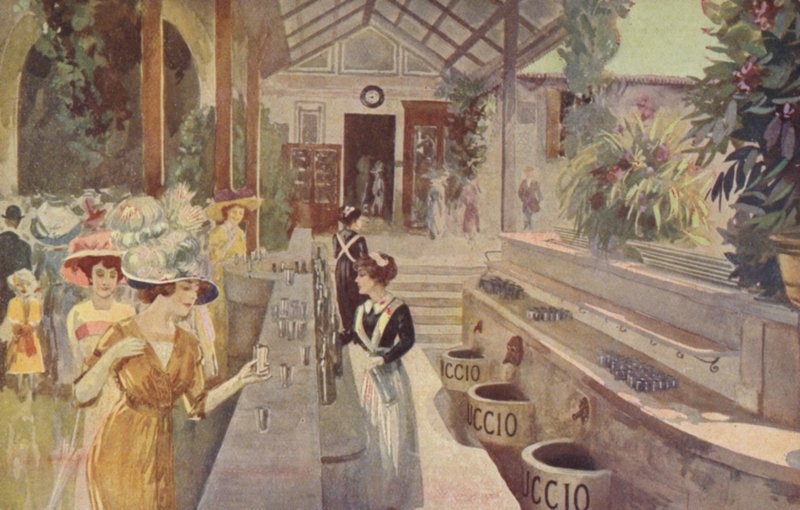 Postikortti, jossa naiset Tettuccion baarissa, Bagni di Montecatini (värilitografia). tekijältä Italian School
