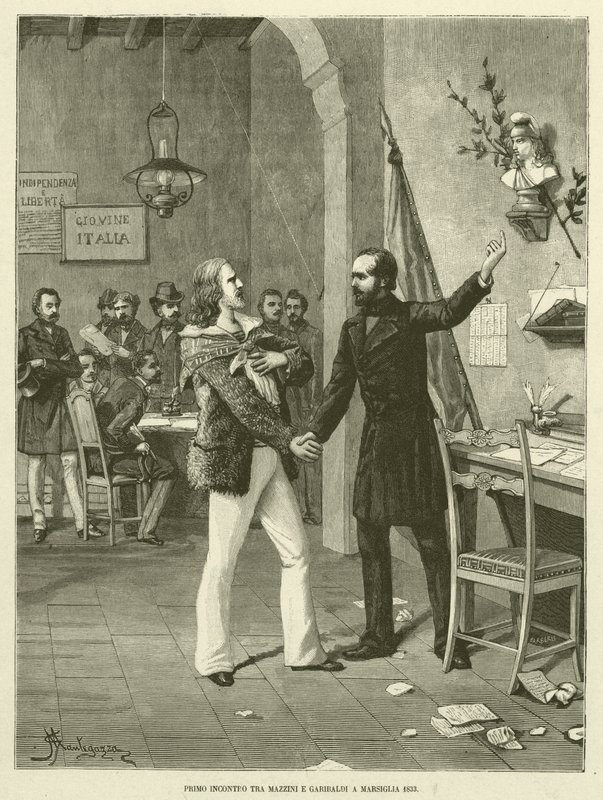 Mazzinin ja Garibaldin ensimmäinen tapaaminen Marseillessa 1833 (kaiverrus) tekijältä Italian School