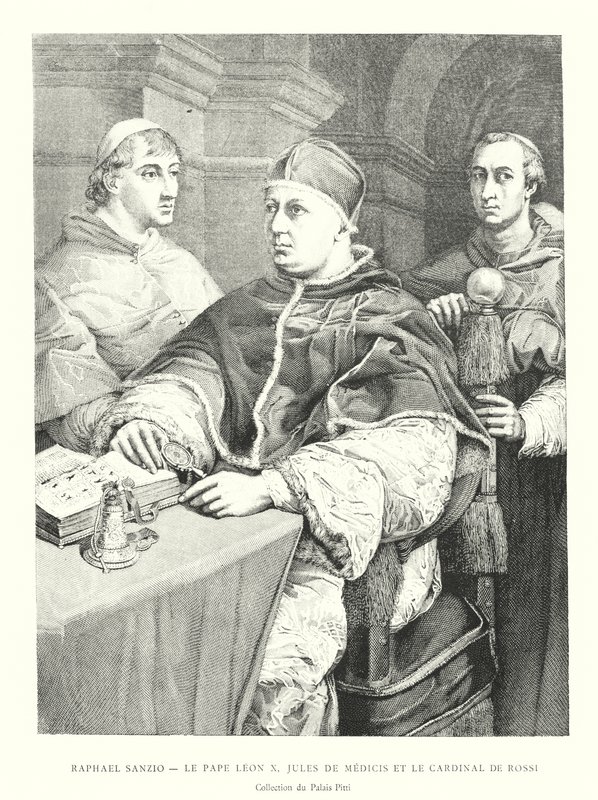 Raphael Sanzio, Le Pape Leon X, Jules de Medicis ja le Cardinal de Rossi, Collection du Palais Pitti (kaiverrus) tekijältä Italian School
