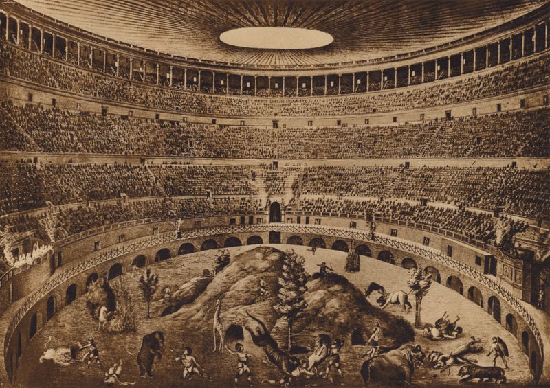 Roma / Rooma: Colosseumin sisätilat, messujen metsästys, historiallinen rekonstruktio (litografia) tekijältä Italian School