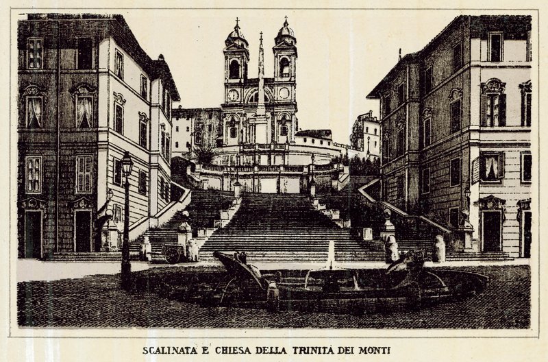 Rooma: Portaikko ja Trinita Dei Montin kirkko (litho) tekijältä Italian School