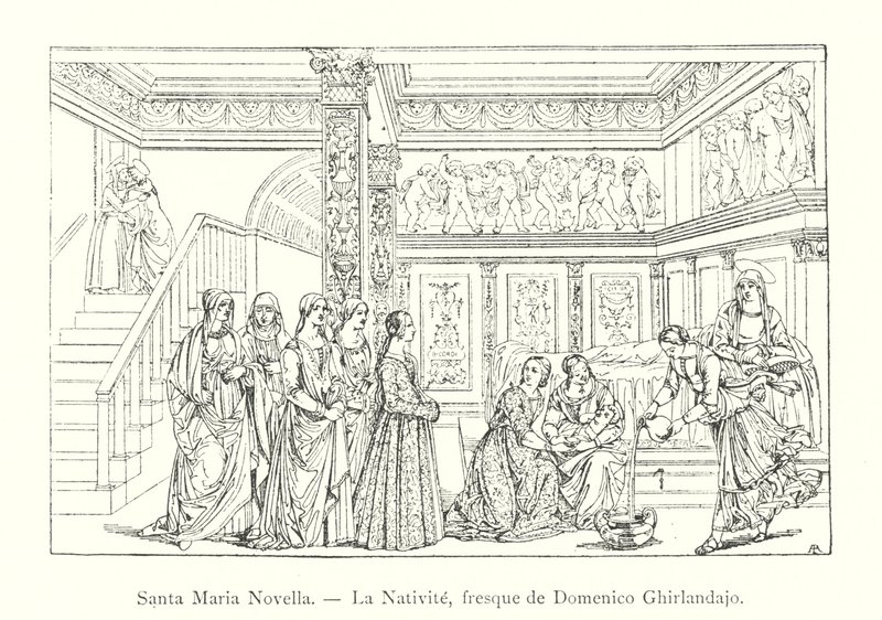 Santa Maria Novella, La Nativite, Domenico Ghirlandaion freskki (kaiverrus) tekijältä Italian School