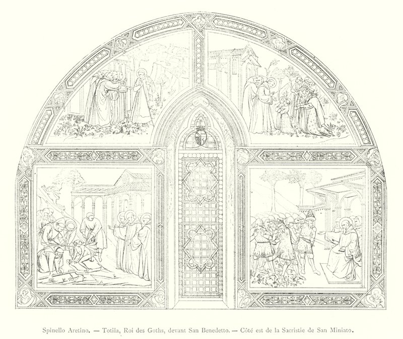 Spinello Aretino, Totila, Roi des Goths, Devant San Benedetto, Cote est de la Sacristie de San Miniato (kaiverrus) tekijältä Italian School