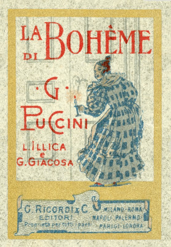 Postimerkin kokoinen mainos Giacomo Puccinis La Boheme, esitettiin ensimmäisen kerran vuonna 1896 tekijältä Italian School