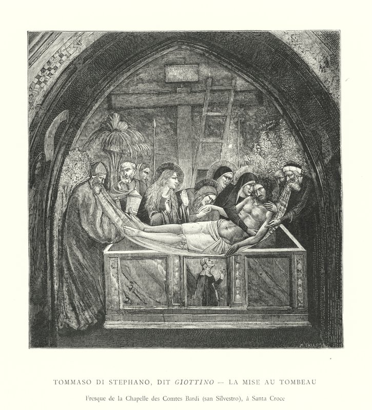 Tommaso di Stephano, Giottino, La Mise au Tombeau, Fresque de la Chapelle des Comtes Bardi, san Silvestro, Santa Croce (kaiverrus) tekijältä Italian School