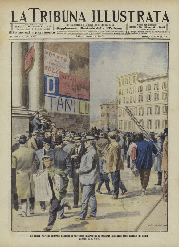 Äänestäjät menossa äänestämään Italian parlamenttivaaleissa Roomassa (värilitografia). tekijältä Italian School