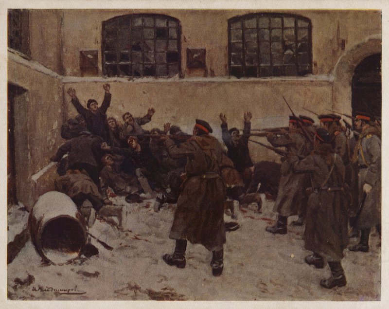 Venäläissotilaat ampuivat mielenosoittajia Presnyan alueella Moskovassa vuoden 1905 vallankumouksen aikana (värilitho) tekijältä Ivan Alexeyevich (after) Vladimirov