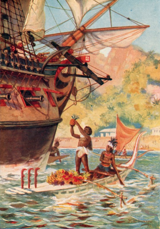Marquesas Islanders vaihtavat hedelmiä kapteeni Cooksin retkikunnan kanssa tekijältä J. Williamson