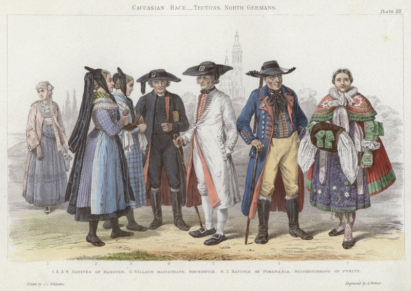 Kaukasialainen rotu, teutonit, pohjoissaksalaiset (värillinen kaiverrus) tekijältä J.L. (after) Williams