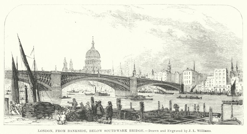 Lontoo, Banksidesta, Southwark Bridgen alapuolella (kaiverrus) tekijältä J.L. (after) Williams