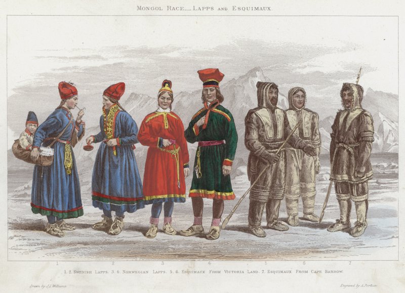 Mongol Race, Lappit ja Esquimaux (värikaiverrus) tekijältä J.L. (after) Williams