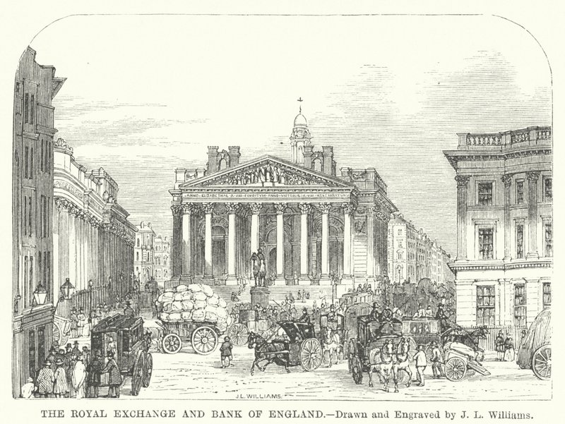 Royal Exchange ja Bank of England (kaiverrus) tekijältä J.L. (after) Williams