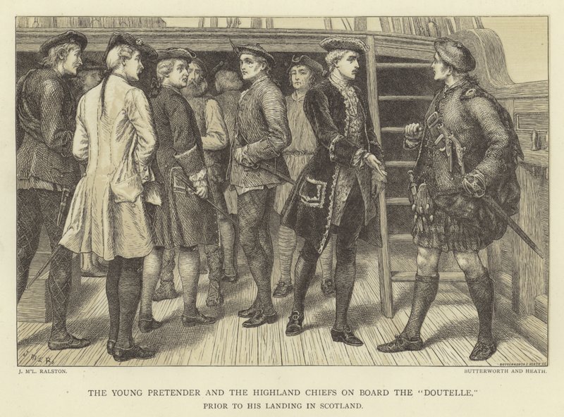 Young Pretender ja Highland Chiefs Doutellella ennen hänen laskeutumistaan Skotlantiin tekijältä J.M.L. Ralston