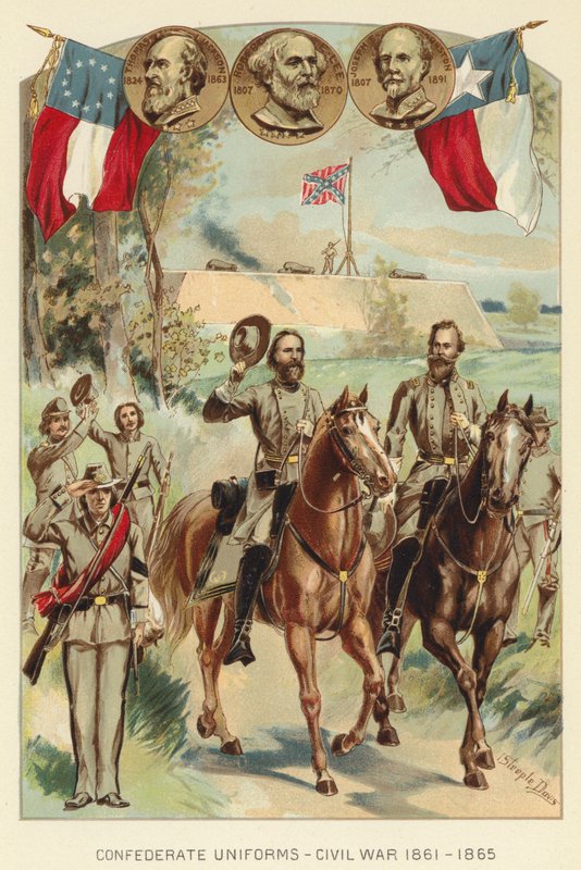 Konfederaation univormut, sisällissota 1861-1865 (väri litho) tekijältä J. (after) Steeple Davis