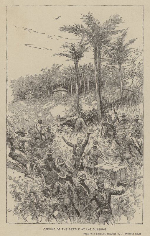 Taistelun avaus Las Guasimasissa (litho) tekijältä J. (after) Steeple Davis