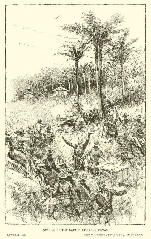 Taistelun avaus Las Guasimasissa (litho) tekijältä J. (after) Steeple Davis