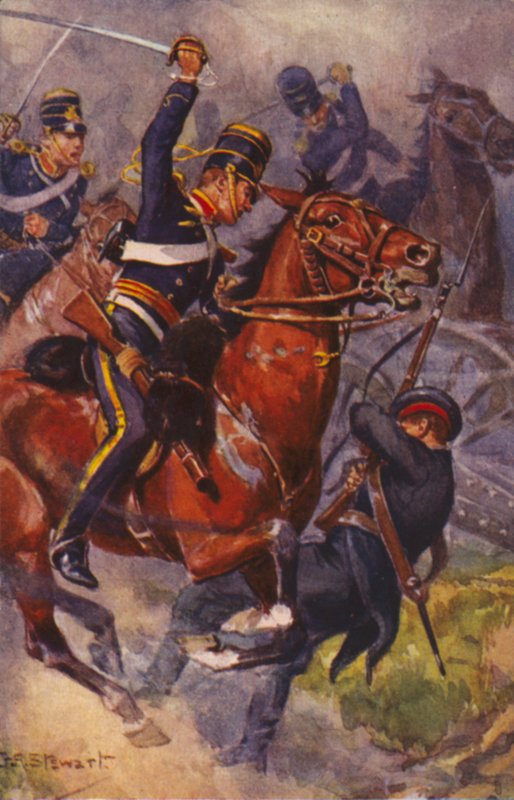 Brittiläiset 4. husaarin (kevytprikaati) sotilaat Balaclavan taistelussa, Krimin sota tekijältä J. A. Stewart