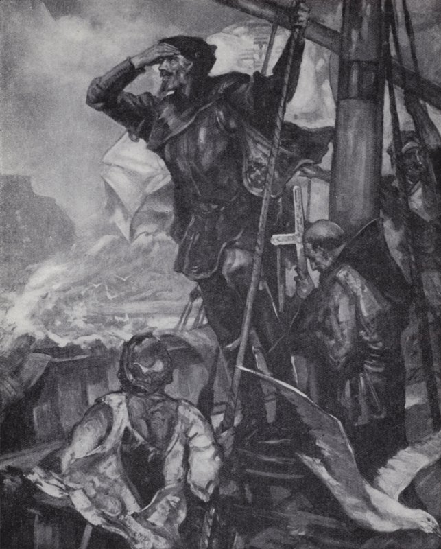 Portugalilainen tutkimusmatkailija Vasco da Gama havaitsee Hyvän toivon niemimaan matkallaan Intiaan. tekijältä J. H. Amschewitz