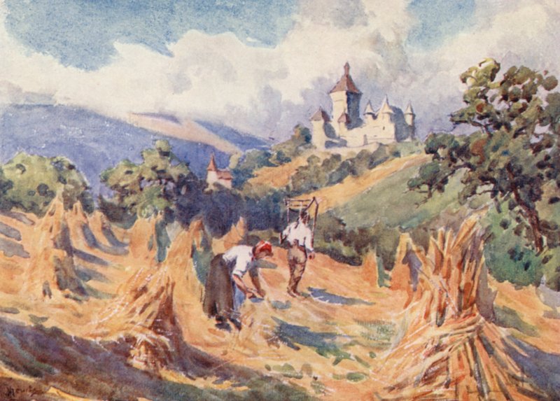 Chateau de Vufflens, Lausannen yläpuolella (värilitografia). tekijältä J. Hardwicke Lewis