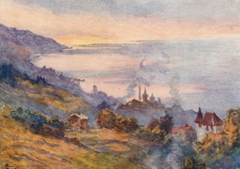Lausanne, itään päin (värilitografia) tekijältä J. Hardwicke Lewis
