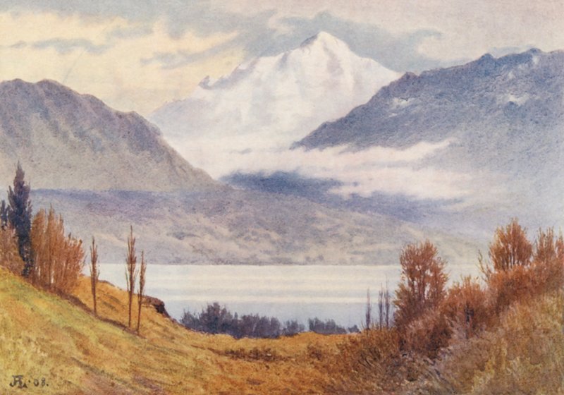 Mont Blanc Morgesin yläpuolelta (värilitografia) tekijältä J. Hardwicke Lewis