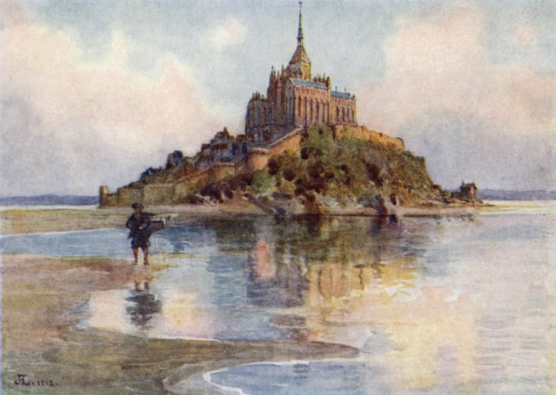Mont St Michel, Tombelaine, ilta (väri litho) tekijältä J. Hardwicke Lewis