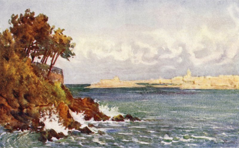 St Malo Priory Beachiltä, Dinard (väri litho) tekijältä J. Hardwicke Lewis