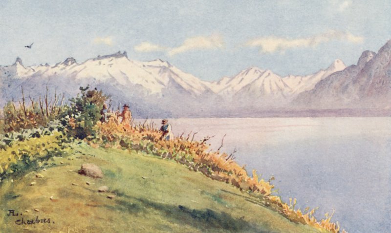 Rhônen laakso Chexbresistä (värilitro) tekijältä J. Hardwicke Lewis