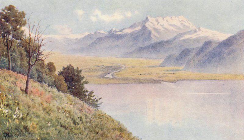 Rhônen laakso Mont Pelerinistä käsin (värilitografia) tekijältä J. Hardwicke Lewis