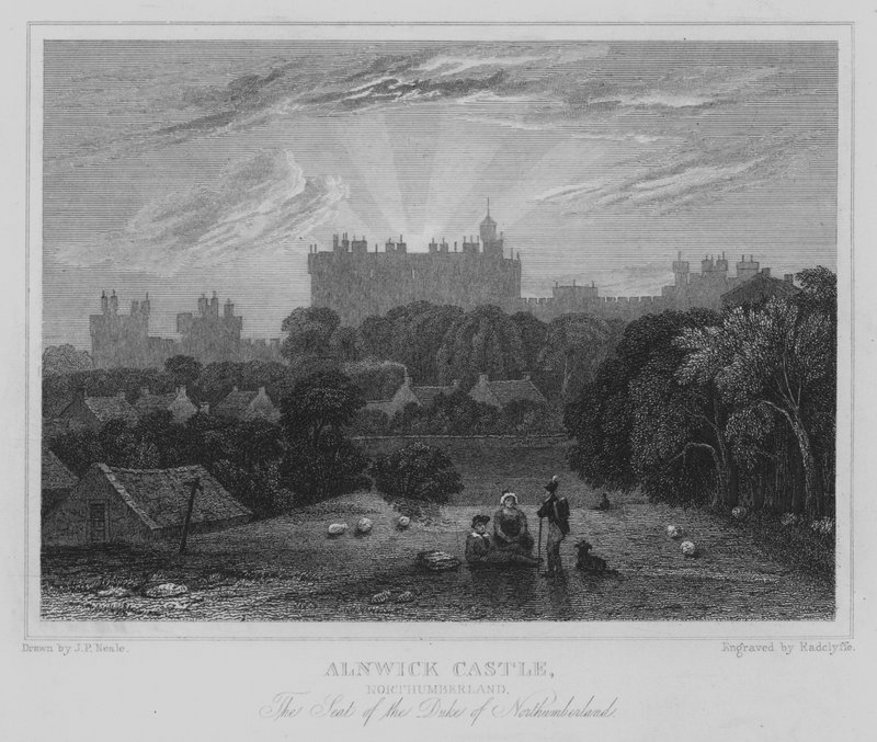 Alnwickin linna, Northumberland, Northumberlandin herttuan istuin (kaiverrus) tekijältä John Preston Neale