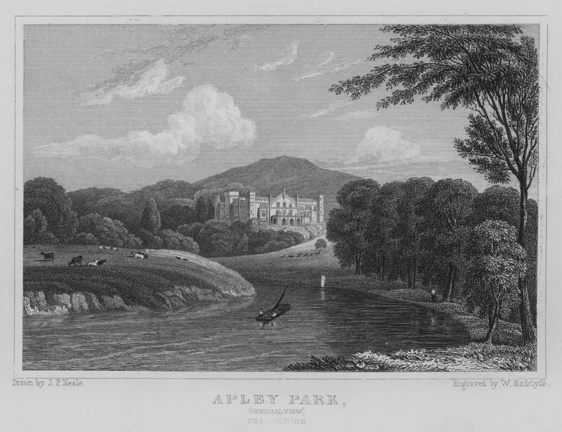Apley Park, Yleisnäkymä, Shropshire (kaiverrus) tekijältä John Preston Neale