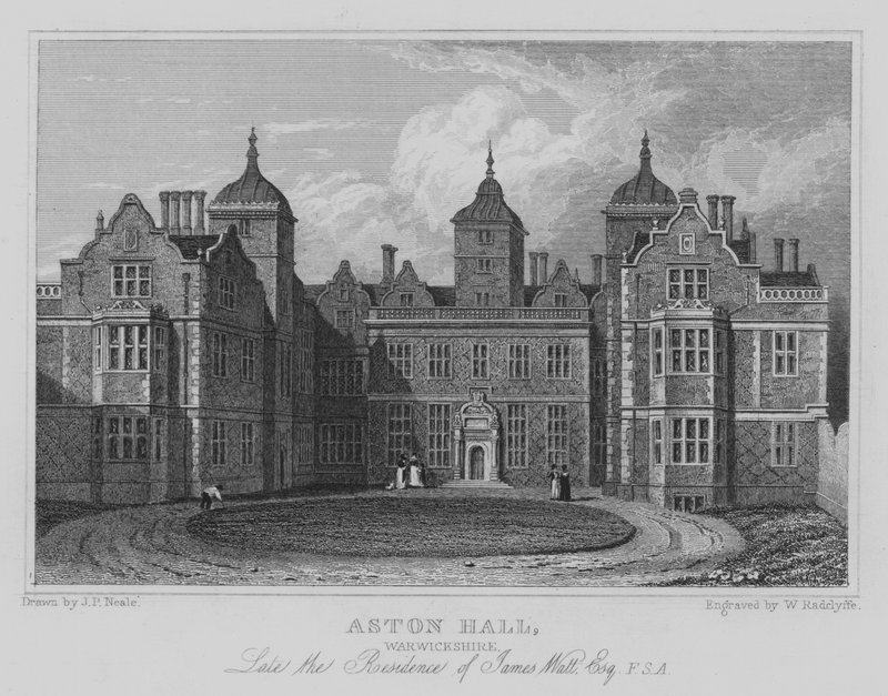 Aston Hall, Warwickshire, James Wattin myöhäinen asuinpaikka, Esquire, FSA (kaiverrus) tekijältä John Preston Neale